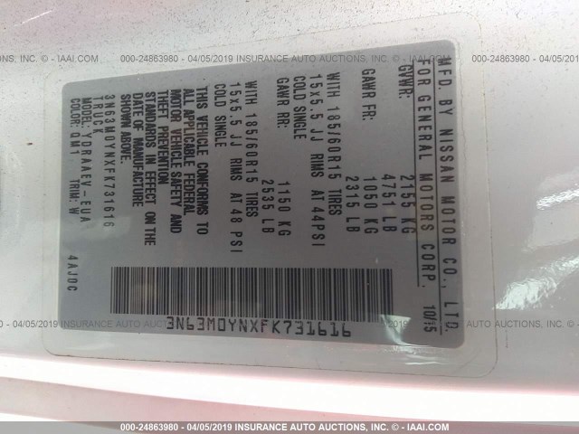 3N63M0YNXFK731616 - 2015 CHEVROLET CITY EXPRESS LS WHITE photo 9