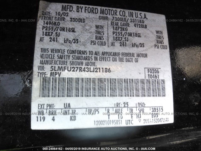 5LMFU27R43LJ21186 - 2003 LINCOLN NAVIGATOR 黑色 照片 9