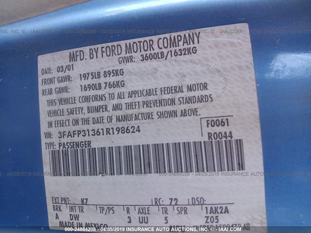 3FAFP31361R198624 - 2001 FORD FOCUS ZX3 BLUE photo 9