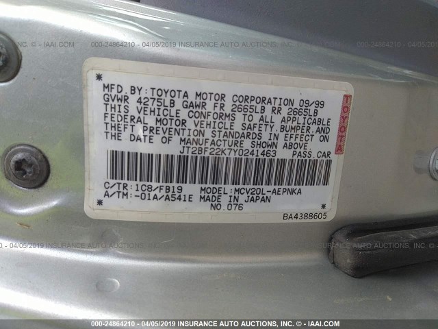 JT2BF22K7Y0241463 - 2000 TOYOTA CAMRY CE/LE/XLE SILVER photo 9