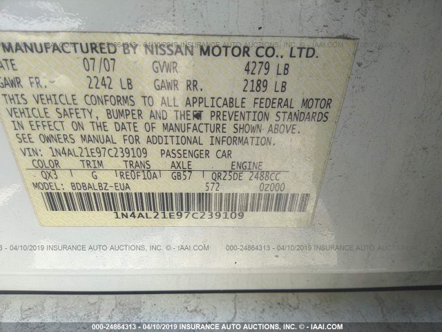 1N4AL21E97C239109 - 2007 NISSAN ALTIMA 2.5/2.5S WHITE photo 9