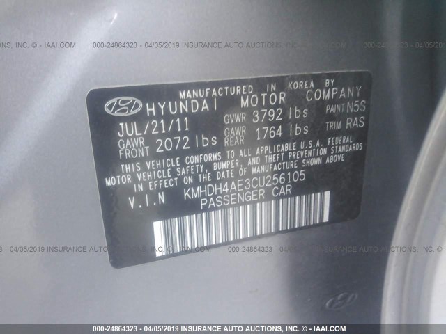 KMHDH4AE3CU256105 - 2012 HYUNDAI ELANTRA GLS/LIMITED SILVER photo 9