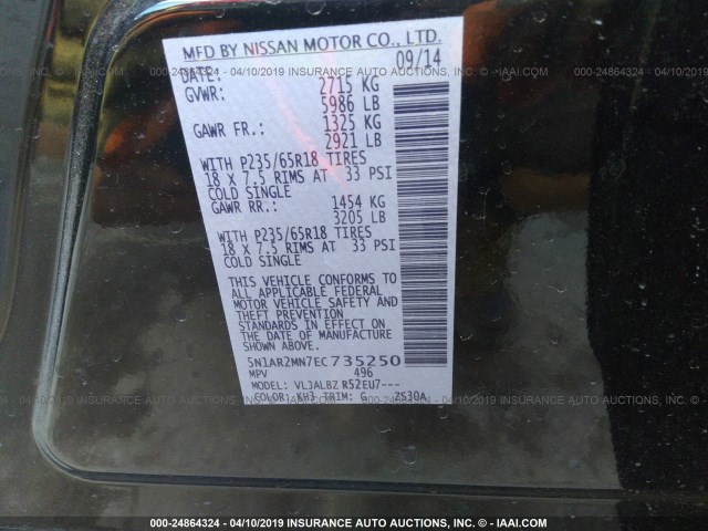 5N1AR2MN7EC735250 - 2014 NISSAN PATHFINDER S/SV/SL/PLATINUM BLACK photo 9