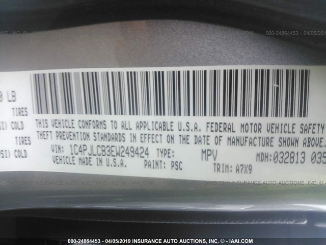 1C4PJLCB3EW249424 - 2014 JEEP CHEROKEE LATITUDE SILVER photo 9