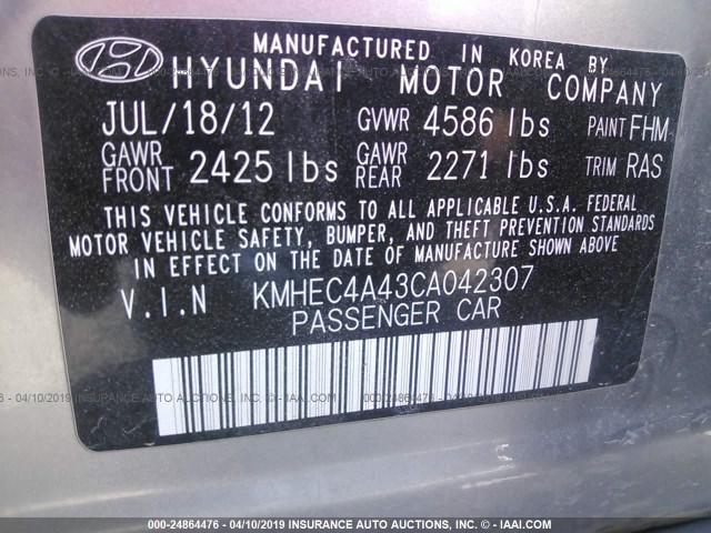 KMHEC4A43CA042307 - 2012 HYUNDAI SONATA HYBRID SILVER photo 9