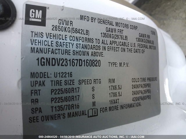 1GNDV23167D160820 - 2007 CHEVROLET UPLANDER LS WHITE photo 9