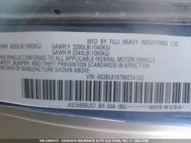 4S3BL616796234152 - 2009 SUBARU LEGACY 2.5I BLUE photo 9