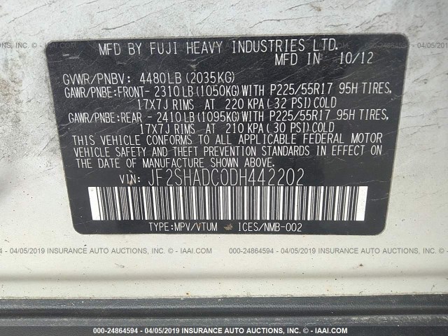 JF2SHADC0DH442202 - 2013 SUBARU FORESTER 2.5X PREMIUM WHITE photo 9