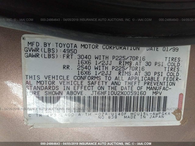 JT6HF10U2X0059160 - 1999 LEXUS RX 300 TAN photo 9