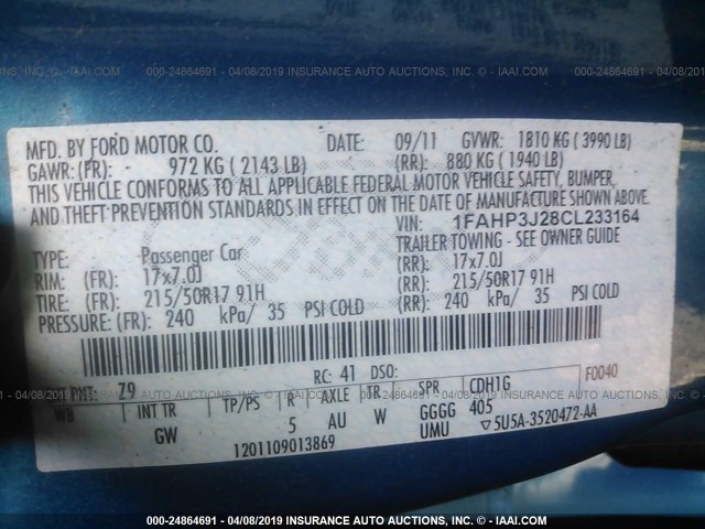 1FAHP3J28CL233164 - 2012 FORD FOCUS TITANIUM Light Blue photo 9