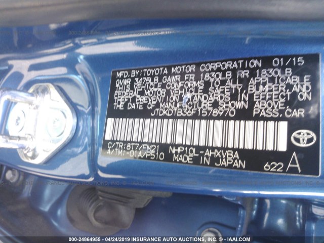 JTDKDTB36F1578970 - 2015 TOYOTA PRIUS C BLUE photo 9