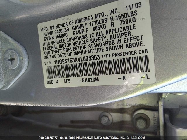 1HGES163X4L006353 - 2004 HONDA CIVIC DX VP Gümüş foto 9