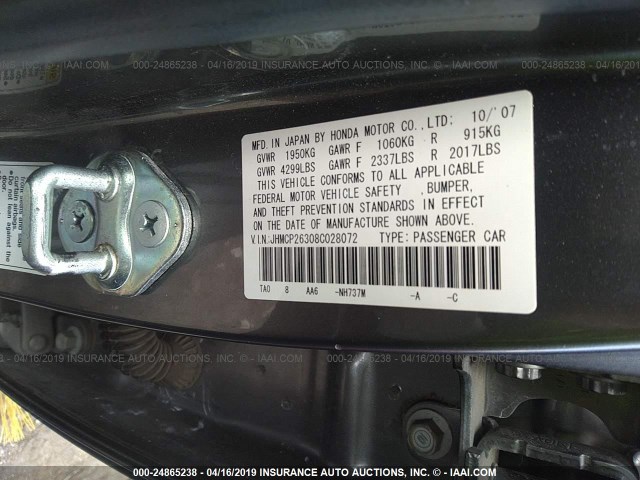 JHMCP26308C028072 - 2008 HONDA ACCORD LX GRAY photo 9