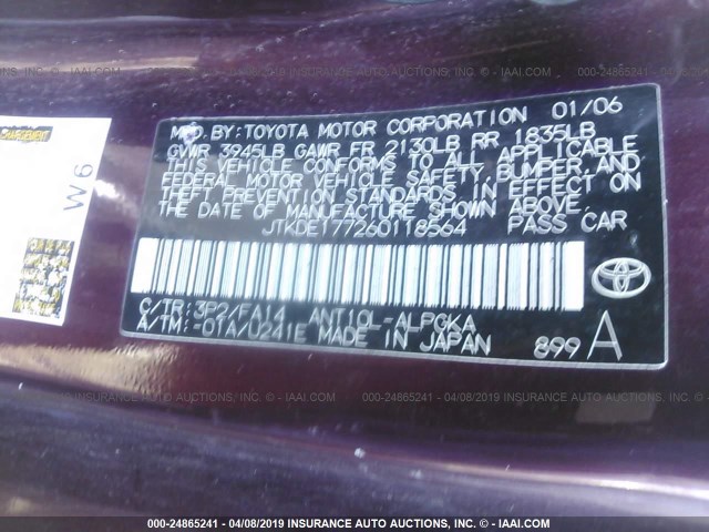 JTKDE177260118564 - 2006 TOYOTA SCION TC იასამნისფერი ფოტო 9