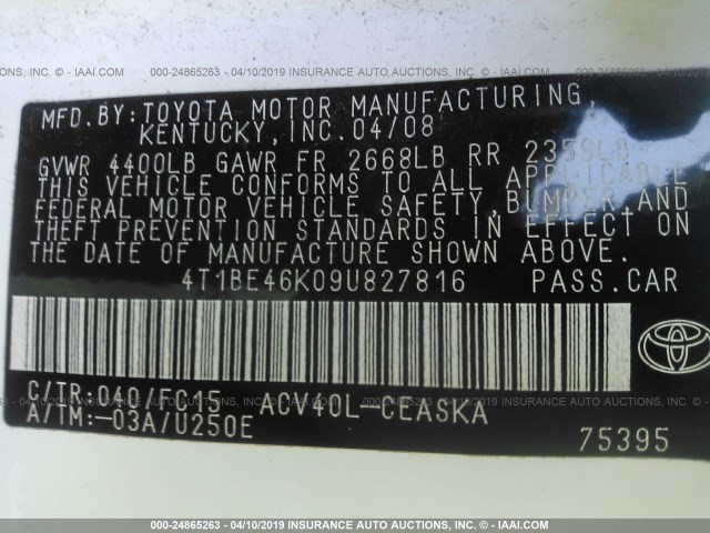 4T1BE46K09U827816 - 2009 TOYOTA CAMRY SE/LE/XLE WHITE photo 9