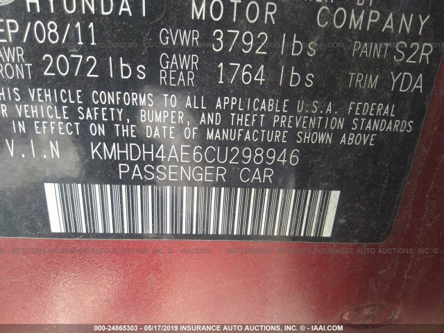 KMHDH4AE6CU298946 - 2012 HYUNDAI ELANTRA GLS/LIMITED RED photo 9