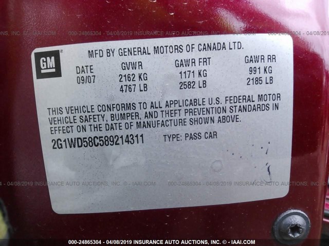 2G1WD58C589214311 - 2008 CHEVROLET IMPALA SUPER SPORT RED photo 9