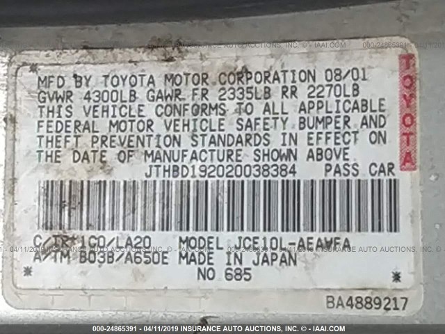 JTHBD192020038384 - 2002 LEXUS IS 300 SILVER photo 9