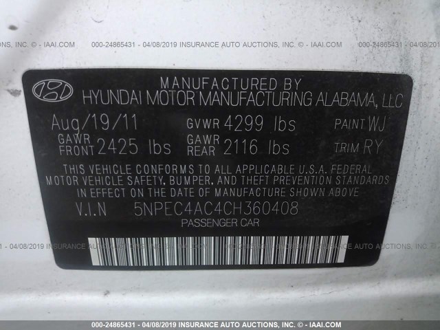 5NPEC4AC4CH360408 - 2012 HYUNDAI SONATA SE/LIMITED WHITE photo 9