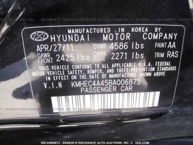 KMHEC4A45BA006875 - 2011 HYUNDAI SONATA HYBRID BLACK photo 9