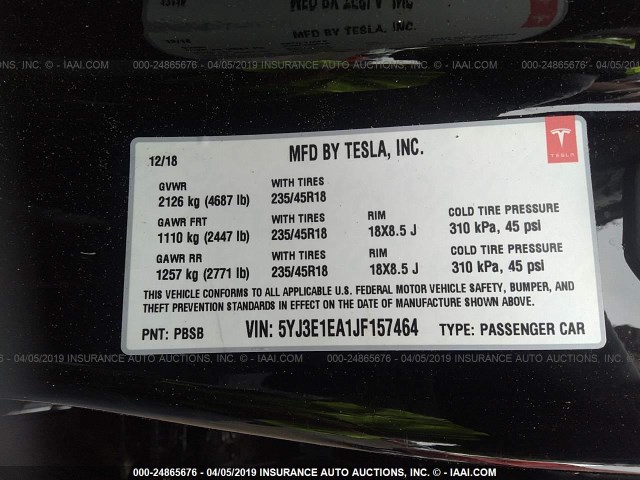 5YJ3E1EA1JF157464 - 2018 TESLA MODEL 3 BLACK photo 9