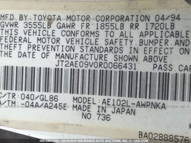 JT2AE09V0R0066431 - 1994 TOYOTA COROLLA DX WHITE photo 9