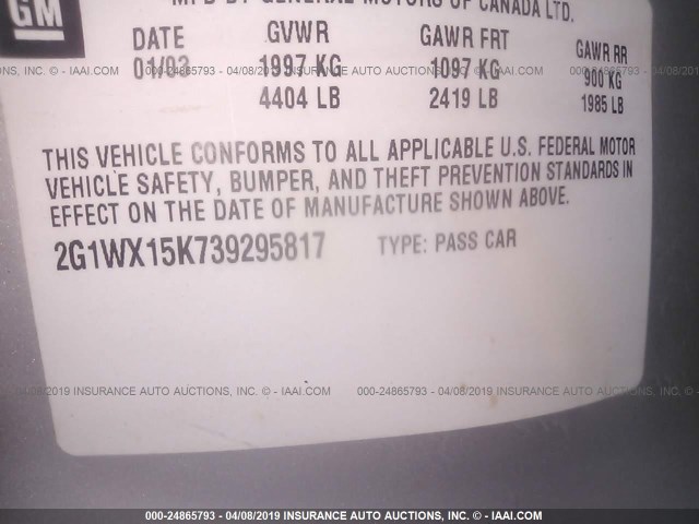 2G1WX15K739295817 - 2003 CHEVROLET MONTE CARLO SS ვერცხლისფერი ფოტო 9