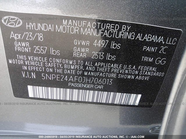 5NPE24AF0JH706013 - 2018 HYUNDAI SONATA SE GRAY photo 9