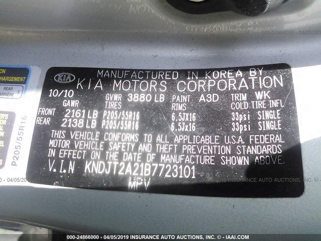 KNDJT2A21B7723101 - 2011 KIA SOUL +/!/SPORT SILVER photo 9