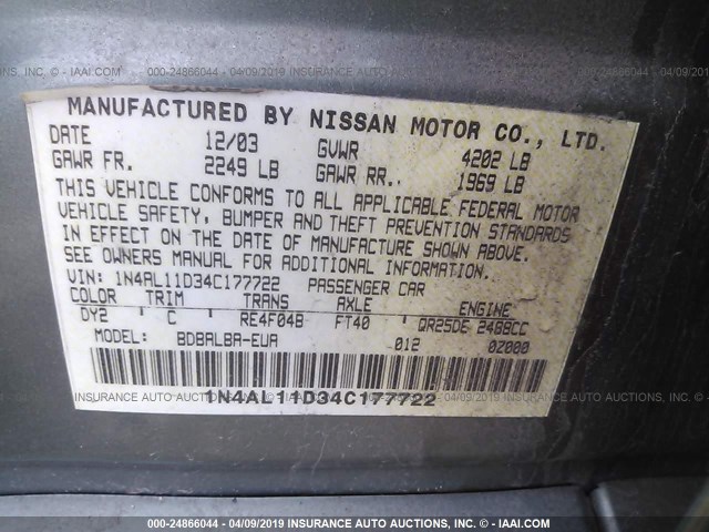 1N4AL11D34C177722 - 2004 NISSAN ALTIMA S/SL GREEN photo 9