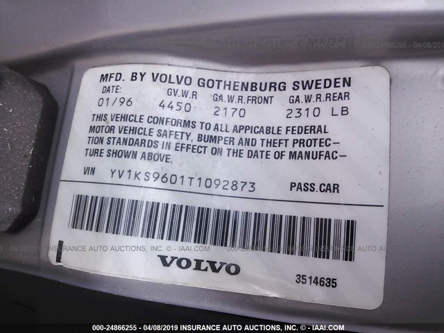 YV1KS9601T1092873 - 1996 VOLVO 960 SILVER photo 9