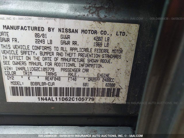 1N4AL11D62C105779 - 2002 NISSAN ALTIMA S/SL GREEN photo 9