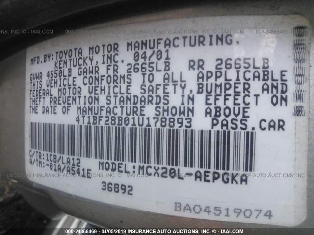 4T1BF28B01U178893 - 2001 TOYOTA AVALON XL/XLS SILVER photo 9