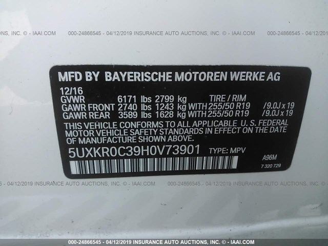 5UXKR0C39H0V73901 - 2017 BMW X5 XDRIVE35I WHITE photo 9