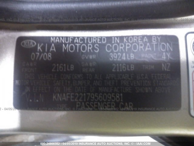 KNAFE221795609581 - 2009 KIA SPECTRA EX/LX/SX GOLD photo 9