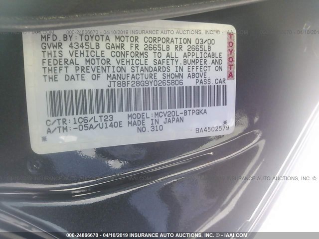 JT8BF28G9Y0265806 - 2000 LEXUS ES 300 GRAY photo 9