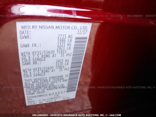 5N1DR2MM0JC625557 - 2018 NISSAN PATHFINDER S/SV/SL/PLATINUM RED photo 9
