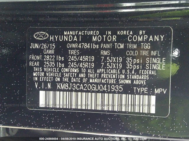KM8J3CA20GU041935 - 2016 HYUNDAI TUCSON LIMITED/SPORT AND ECO/SE BLACK photo 9