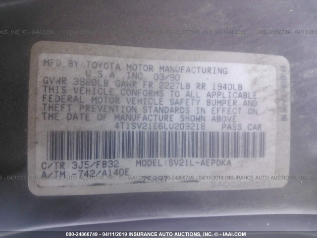 4T1SV21E6LU209218 - 1990 TOYOTA CAMRY DLX 勃艮第红 照片 9