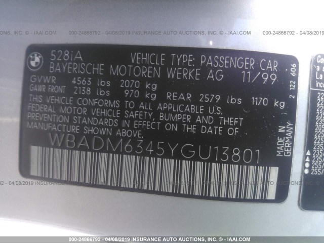 WBADM6345YGU13801 - 2000 BMW 528 I AUTOMATIC SILVER photo 9