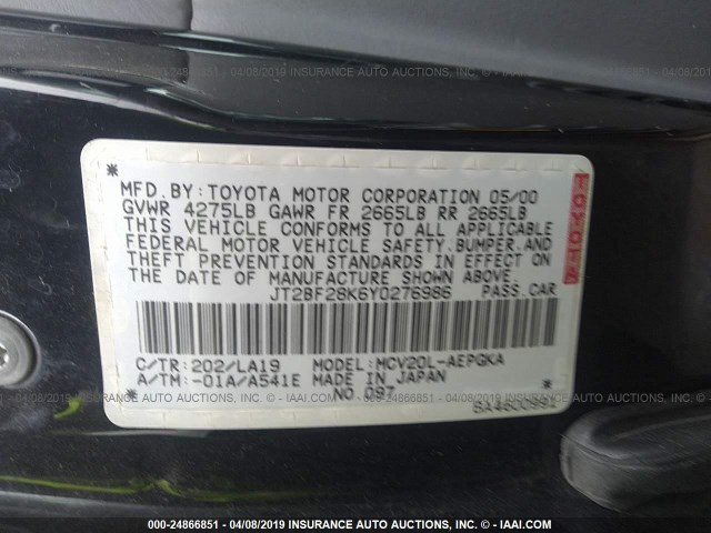 JT2BF28K6Y0276986 - 2000 TOYOTA CAMRY LE/XLE BLACK photo 9