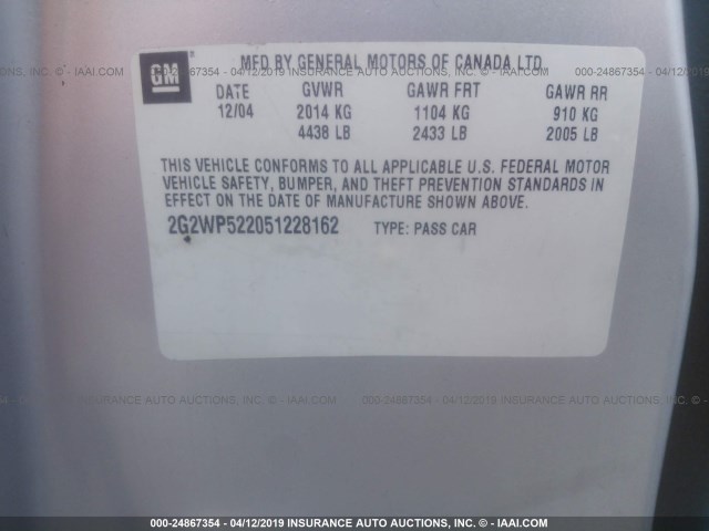 2G2WP522051228162 - 2005 PONTIAC GRAND PRIX SILVER photo 9