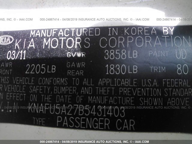 KNAFU5A27B5431403 - 2011 KIA FORTE EX WHITE photo 9