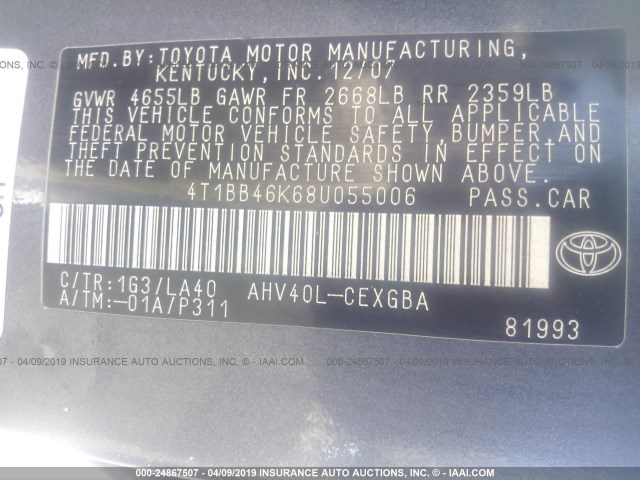 4T1BB46K68U055006 - 2008 TOYOTA CAMRY HYBRID GRAY photo 9