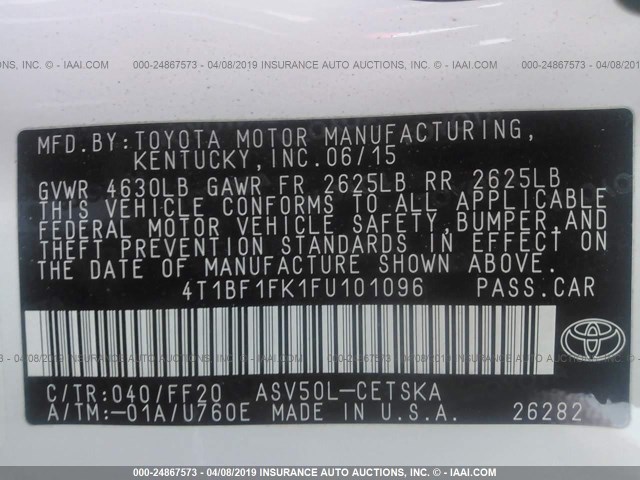 4T1BF1FK1FU101096 - 2015 TOYOTA CAMRY LE/XLE/SE/XSE WHITE photo 9