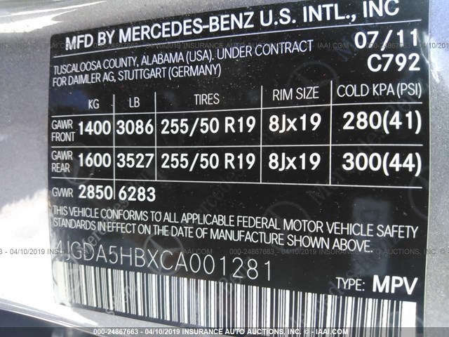 4JGDA5HBXCA001281 - 2012 MERCEDES-BENZ ML 350 4MATIC SILVER photo 9