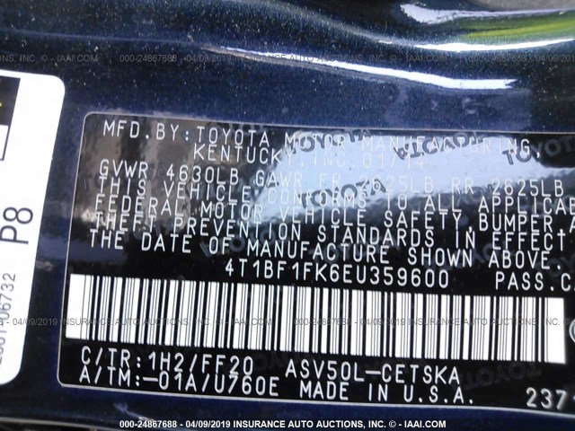 4T1BF1FK6EU359600 - 2014 TOYOTA CAMRY L/SE/LE/XLE 蓝色 照片 9