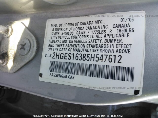 2HGES16385H547612 - 2005 HONDA CIVIC DX VP Gümüş foto 9