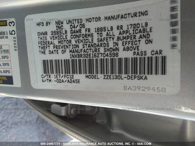 1NXBR32E16Z704598 - 2006 TOYOTA COROLLA CE/LE/S SILVER photo 9