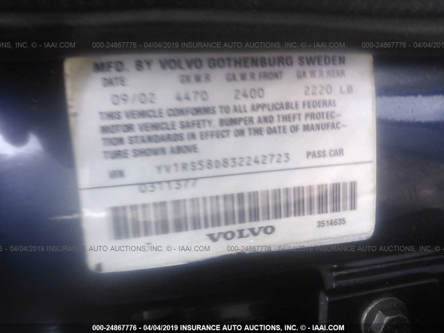 YV1RS58D832242723 - 2003 VOLVO S60 2.4T BLUE photo 9